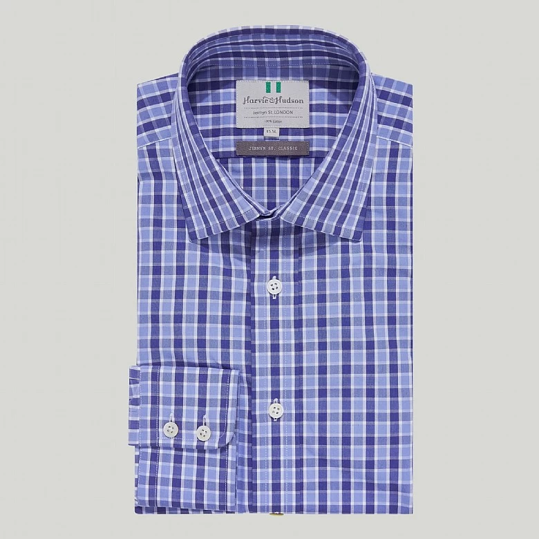 Blue And Sky Check Button Cuff Classic Shirt
