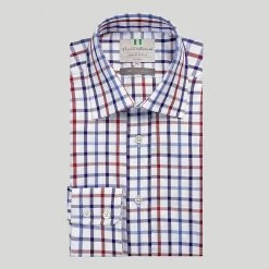 Navy And Red Check Button Cuff Classic Fit Shirt