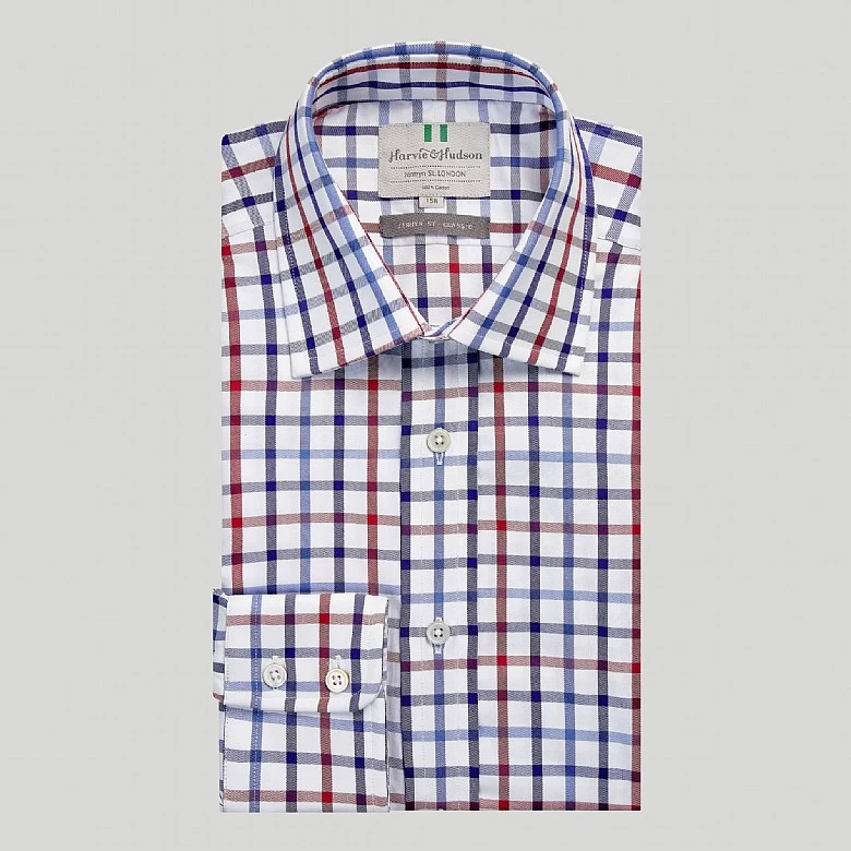Navy And Red Check Button Cuff Classic Fit Shirt