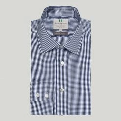 Navy Small Check Button Cuff Classic Fit Shirt