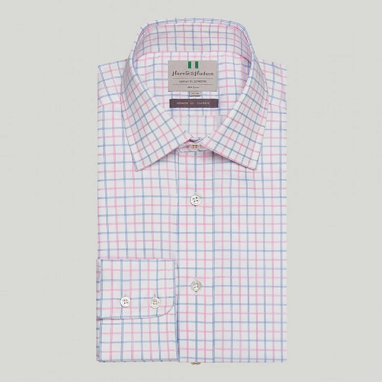 Blue And Pink Double Check Button Cuff Classic Fit Shirt