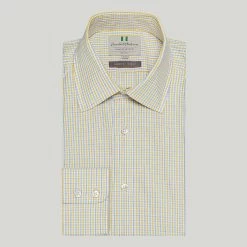 Blue And Gold Check Button Cuff Classic Fit Shirt