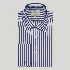 Navy Broad Stripe Double Cuff Classic Fit Shirt