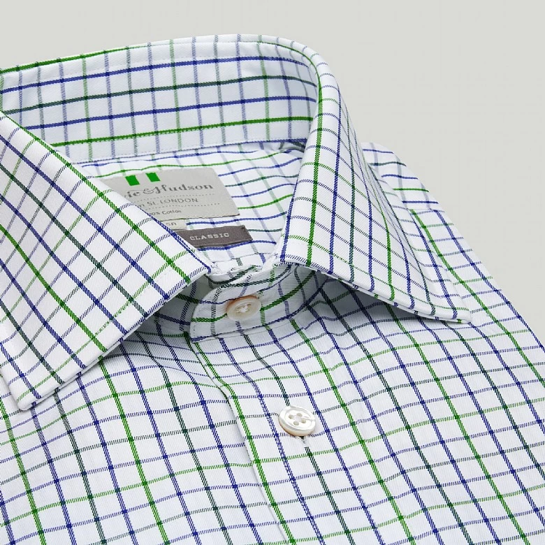 Navy And Green Check Button Cuff Classic Fit Shirt - Image 3