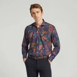 Navy Leaves Print Casual Shirt