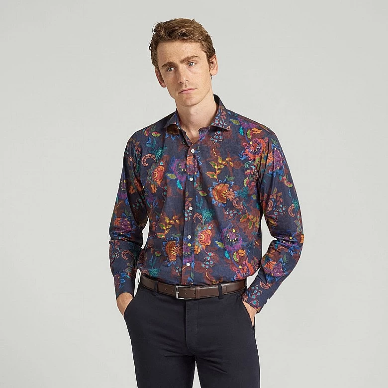 Navy Leaves Print Casual Shirt