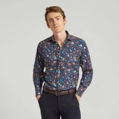 Navy Birds Print Casual Shirt