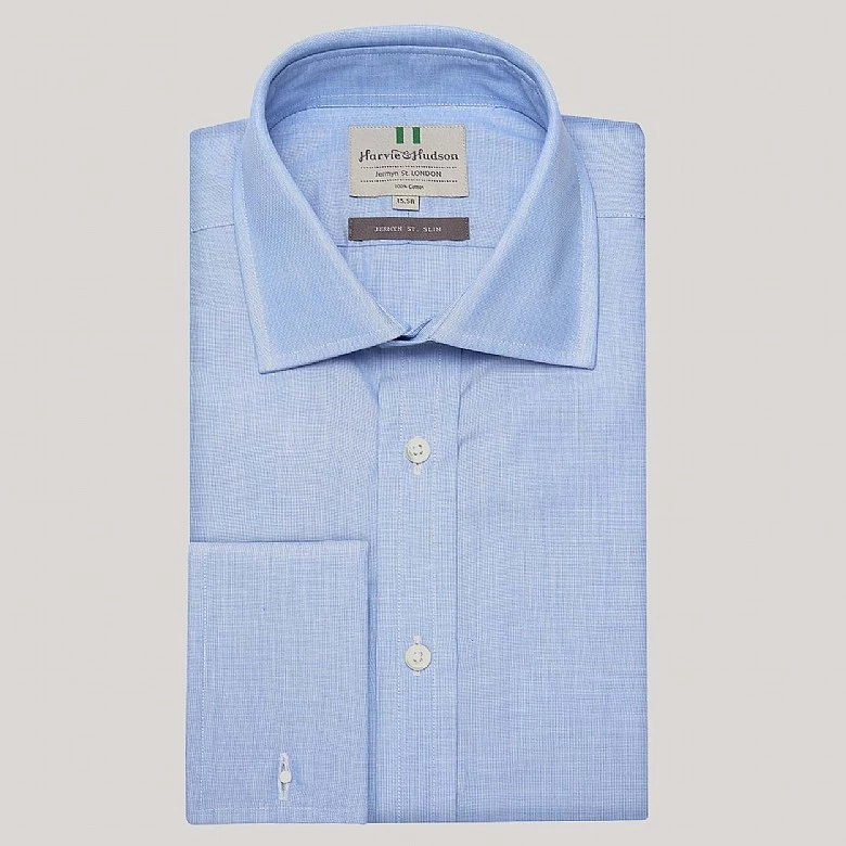 Blue End On End Slim Fit Double Cuff Shirt