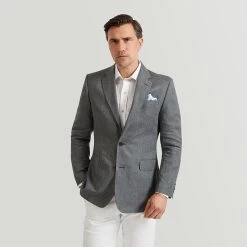 Grey Herringbone Linen Jacket