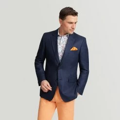 Navy Herringbone Linen And Wool Jacket