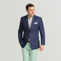 Dark Blue Herringbone Wool And Cotton Jacket