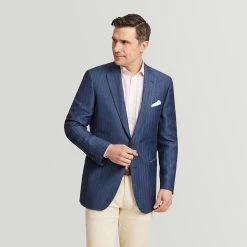 Blue Herringbone Wool And Linen Jacket