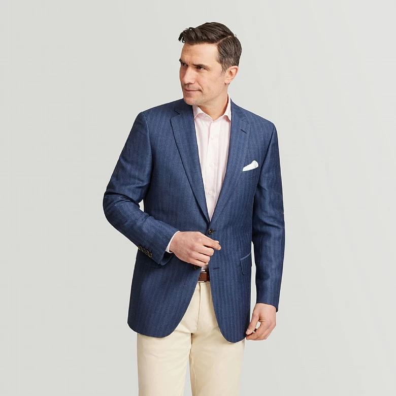 Blue Herringbone Wool And Linen Jacket