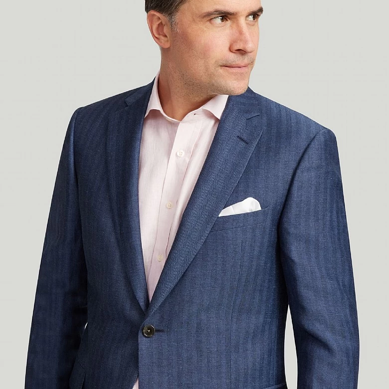 Blue Herringbone Wool And Linen Jacket - Image 2
