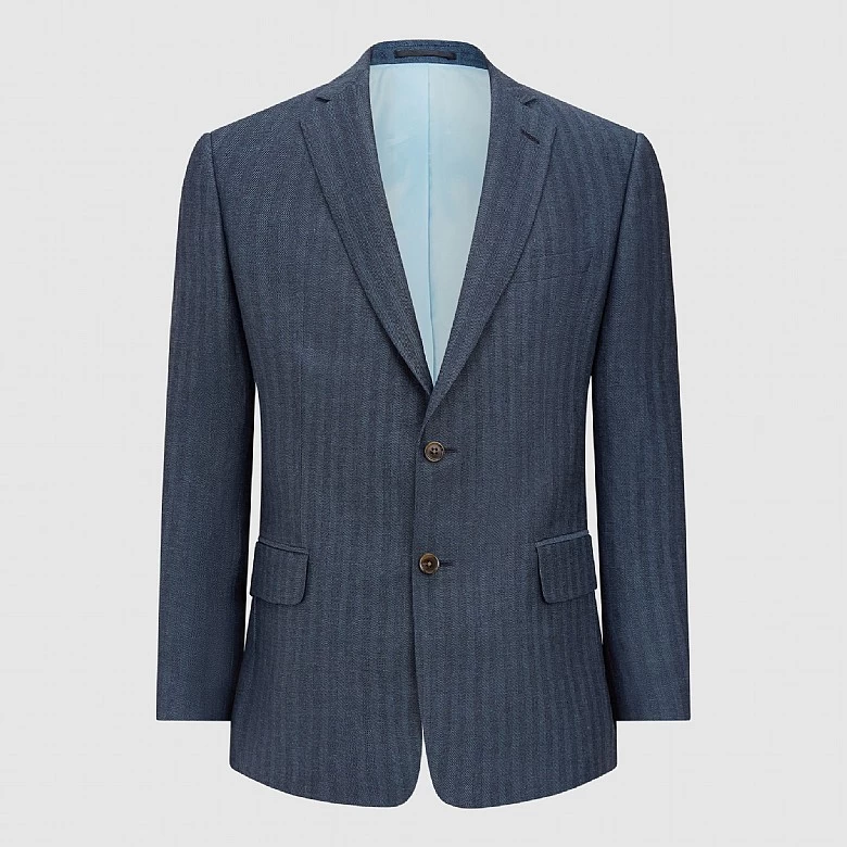 Blue Herringbone Wool And Linen Jacket - Image 3
