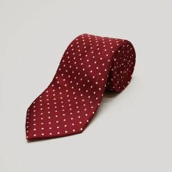Burgundy And White Spot Printed Silk Tie