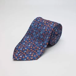 Blue And Red Small Floral Woven Silk Tie