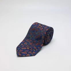 Navy And Orange Large Floral Woven Silk Tie