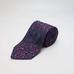 Navy And Red Large Floral Woven Silk Tie