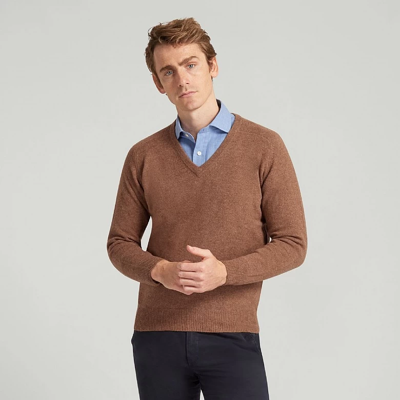 Brown V Neck Lambswool Jumper