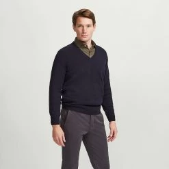 Navy Blue V Neck Lambswool Jumper