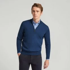 Azure Blue Zip Neck Merino Jumper