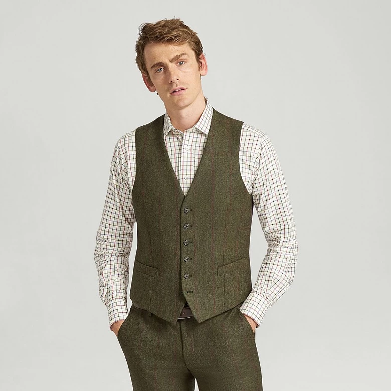 Mid Green Lambswool Check Waistcoat